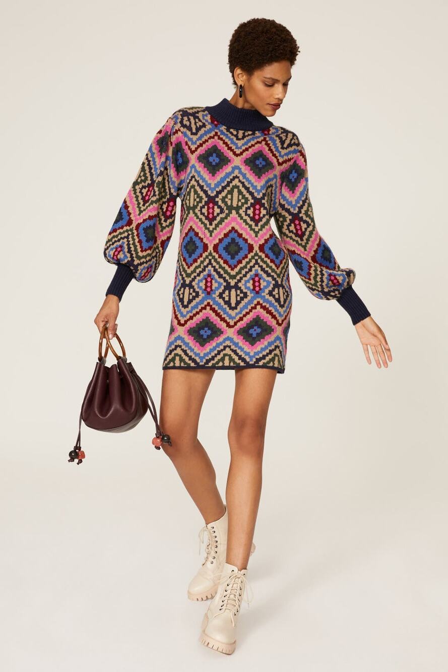 FARM Rio Multicolor Geometric Diamond Jacquard Knit Sweater Dress Size M
